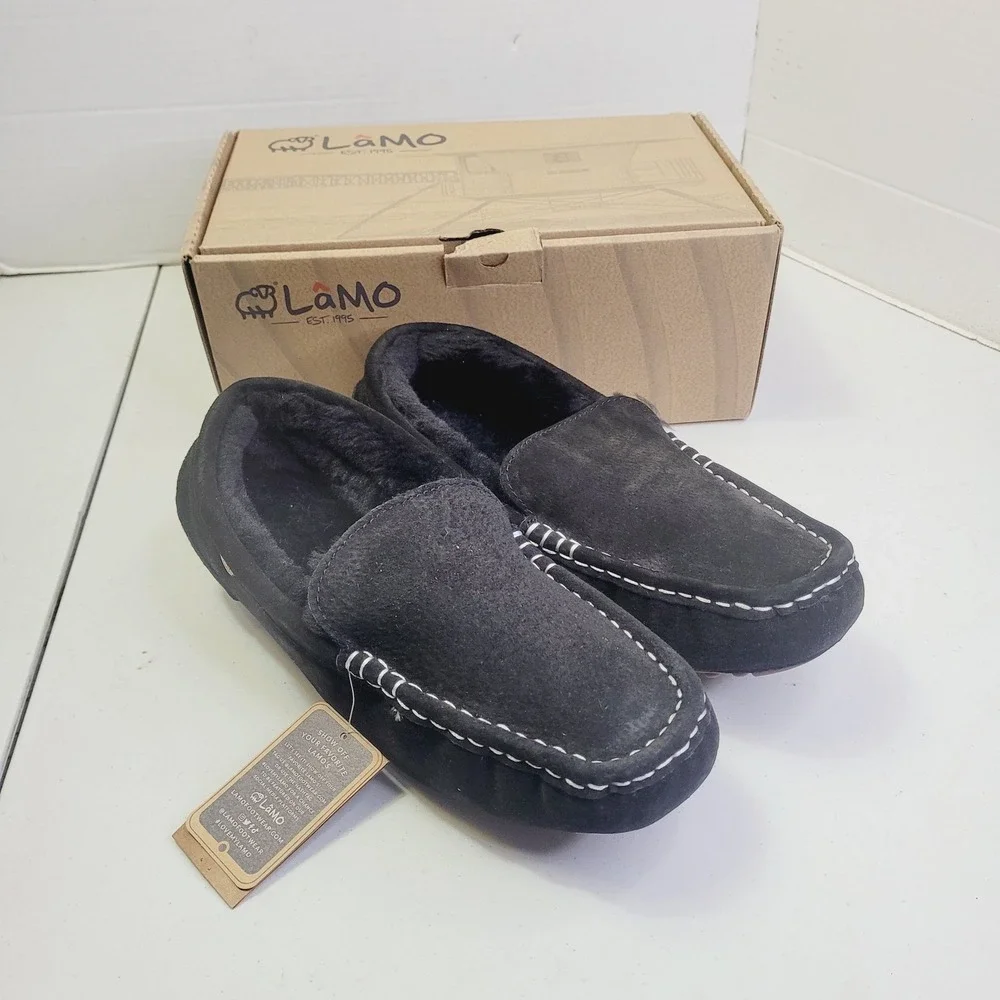 Lamo Men's Moccasin Slippers Size 11 Black Suede Faux Fur Lined House Shoes